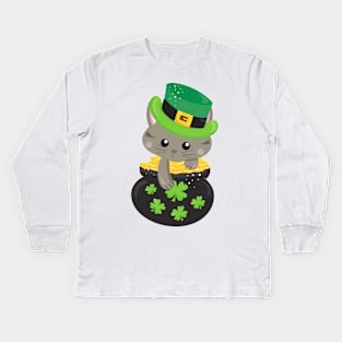 Saint Patrick's Day Cat, Clovers, Pot Of Gold Kids Long Sleeve T-Shirt